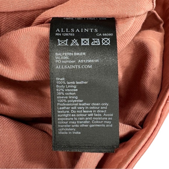 All Saints Balfern Biker Jacket - Coral Pink Red Lamb Leather Belted Jacket sz 6 - Picture 10 of 16